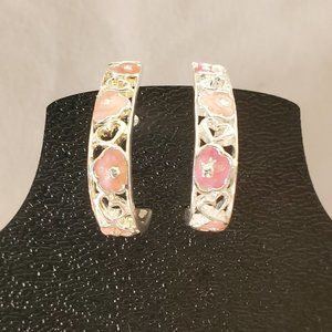 Avon Silver J Hoop Earrings with Pink Flowers